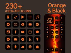 the orange and black icons are displayed in this graphic design set, which includes an image of