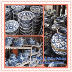 blue and white pottery displayed on shelves in a store with text overlay reading blue and white pottery bangkok thailand