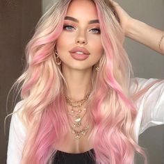 Hair Ideas Long Blonde And Pink Hair, Platinum Blonde With Pink Highlights, Color Streaks In Blonde Hair, Blonde And Light Pink Hair, Pink Tips Hair Brunette, Blonde Hair Pink Underneath, Pink Roots Blonde Hair, Blonde And Colored Hair, Blonde With Color