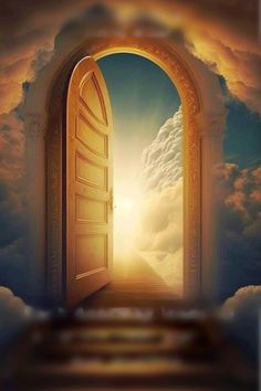 an open door leading into the sky with clouds and sun coming out from behind it