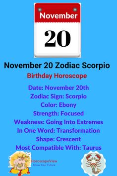 a birthday party flyer for zodiac scorpios on november 20th, with the date in