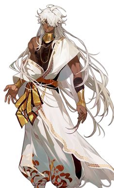 an anime character dressed in white and gold with long hair, holding a fan on his shoulder