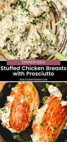 Chicken breasts are stuffed with mozzarella, ricotta and spinach then wrapped in prosciutto. It's an easy and delicious dinner recipe that pairs well with so many side dishes. Stuffed Chicken Wrapped In Prosciutto, Chicken And Prosciutto Recipes, Prosciutto Stuffed Chicken, Prosciutto Wrapped Chicken Breast, Pesto Wrap, Chicken With Prosciutto, Baked Stuffed Chicken, Dinner Tomorrow, Prosciutto Wrapped Chicken