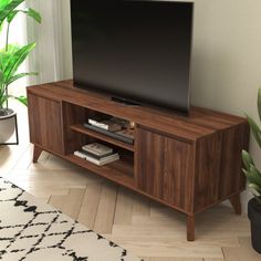 a large flat screen tv sitting on top of a wooden entertainment center next to a potted plant