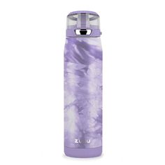 a purple and white water bottle on a white background