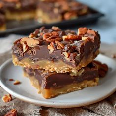 two pieces of chocolate pecan bars on a plate