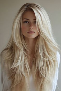 Long Blonde Curly Hair With Layers, Bright Neutral Blonde, Long Layered Hair Blonde, Long Round Layers Haircut, Layering Haircut, Blonde Hair For Pale Skin, Long Blonde Hair With Layers, Blonde Hair With Layers, Cool Tone Blonde