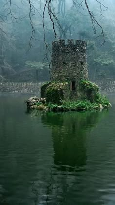 an old castle sitting on top of a lake in the middle of a foggy forest