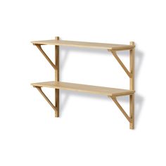 a wooden shelf with two shelves on each side and one shelf above the other, against a white background