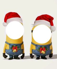 two minion characters wearing santa hats and overalls, facing each other in opposite directions