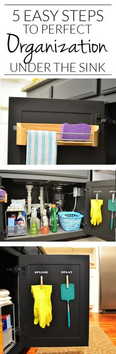 an organized kitchen area with cabinets and cleaning supplies on the shelves, under the sink