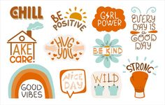 some type of stickers that are on a white background with orange and blue colors