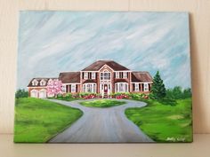 a painting of a house on the side of a road with trees and flowers in front