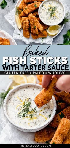 baked fish sticks with tartar sauce served in white bowls