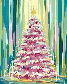 a painting of a christmas tree in the woods