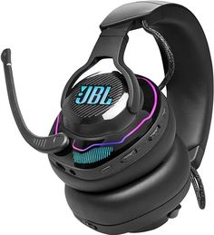 the jbl headphones are black with purple and blue details on it's ears