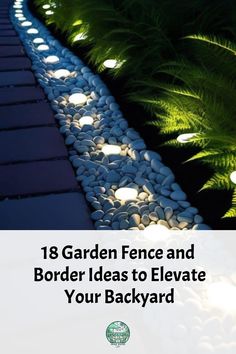 Illuminate your garden border at night with a glow-in-the-dark pebble border. Mix glow-in-the-dark pebbles with regular stones to create a captivating and functional border. The subtle glow adds a magical touch to your garden after sunset. Pebble Borders Edging, Garden Pebbles Border, Plants Around Patio Edge, Border Between Neighbors, Rocks Along Fence, Flower Garden Border Ideas, Rock Border Along Fence, Fence Border Ideas, Patio Landscaping Ideas Border