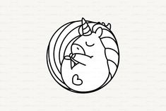 a black and white line drawing of a unicorn sleeping in a ball with its head turned to the side