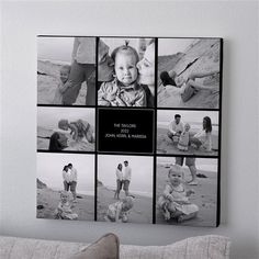 a black and white photo collage on a wall above a couch in a living room