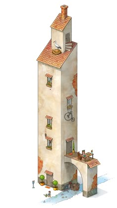 a drawing of a tall building with a bicycle on the roof