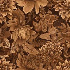 a brown and tan floral wallpaper with lots of flowers