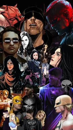 an image of many different characters in the same photo, including one man and two women