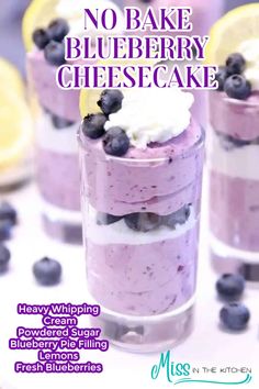 no bake blueberry cheesecake in a glass with lemons and blueberries