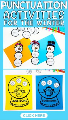 snowman and penguin activities for the winter with text that reads, punctulation activities for