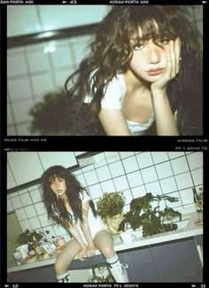 two pictures of a woman with long hair sitting on a counter in the kitchen and looking at the camera