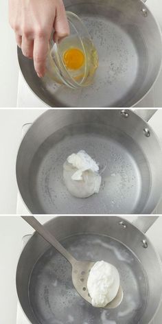 three pictures showing how to make whipped cream in a pan with an egg being whisked