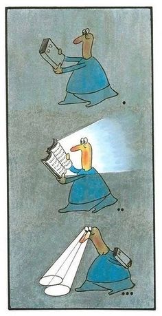 two cartoon images with one reading a book and the other holding a flashlight