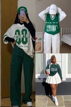 Green Ootd Aesthetic, Green Edgy Outfits, Dark Green And White Outfit, Green School Outfits, Green And White Outfits For Women, Green Black And White Outfit, Green And White Outfit Ideas, Green Outfit Ideas For Women, Dark Green Aesthetic Outfit