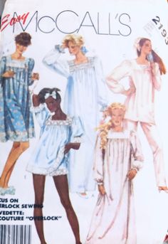 Easy McCall's 2193 Misses' Nightgown or Top and Pants or Shorts  in size 14-18, bust 36-40 inches from 1985. The pattern is partially cut to size 14.  The pattern is complete and in good condition. Envelope is in fair condition and creased from storage.  INSTANT SAVINGS Use the coupon code TAKE5OFF and get 5% off your purchase. Free US shipping with $35 purchase $18 Flat Rate shipping for International customers with $35 purchase (cost difference refunded after purchase). I offer combined shippi Baby Doll Pajamas, Nightgown Pajamas, Womens Nightgown, Nightgown Pattern, Women's Sewing Pattern, Pajama Pattern, Lace Trim Shorts, Craft Sewing, Mccalls Sewing Patterns