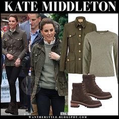 Kate Middleton in khaki green jacket and green sweater Green Jacket Outfit, Classic Dressing, Green Khaki Jacket, Kate Middleton Style Outfits