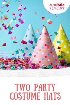 two party costume hats with confetti and streamers in the air, on a blue background