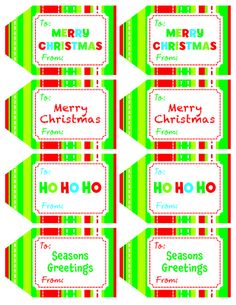 four christmas gift tags with the words merry and ho hoo in red, green and blue