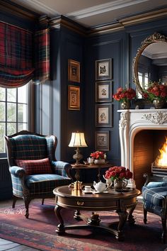 a living room filled with furniture and a fire place in front of a mirror on the wall