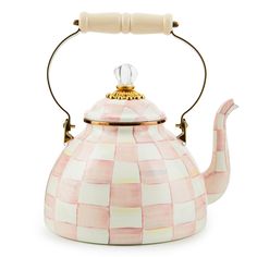 a pink and white checkered tea pot with a gold top on a white background