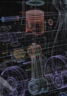 an image of a machine being built with blueprints and colored pencils on it