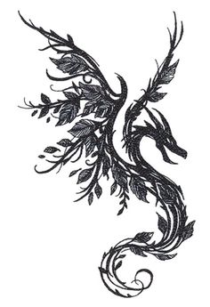 a black and white drawing of a bird with leaves on it's back end