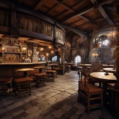 the interior of a bar with wooden tables and stools in an old - fashioned building