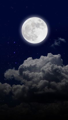 the full moon shines brightly in the night sky with clouds and stars around it