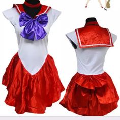 a red and white dress with a purple bow on the front, and an image of a