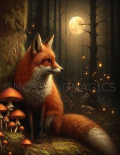 a painting of a fox and mushrooms in the woods