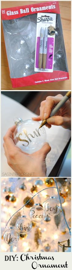 three different pictures showing how to make christmas ornaments with glass ball ornaments and glue on them