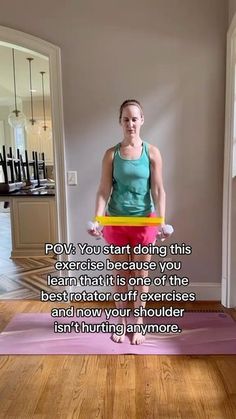 a woman standing on a yoga mat with the words, now you start doing this exercise because you remain it is one of the