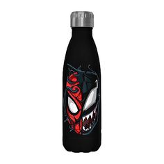 a black water bottle with a red and white spider face on the front, while it is