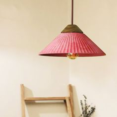 a pink lamp hanging from a ceiling next to a ladder and potted plant in a room