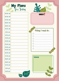 a printable daily planner with plants and leaves on the top, in pink frame