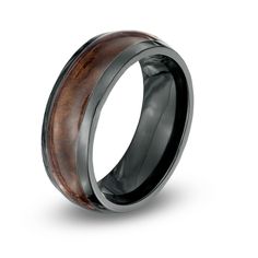 men's wedding band with black ceramic and wood inlay